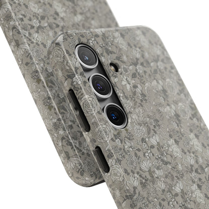 Gray Floral Tough Phone Case — Durable Protective Phone Cover with Vintage Botanical Pattern