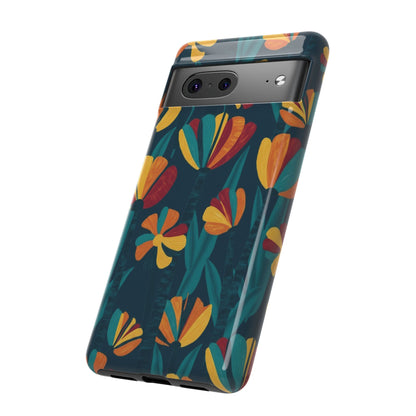 Floral Retro Teal Tough Phone Case — Vibrant Orange & Mustard Blooms