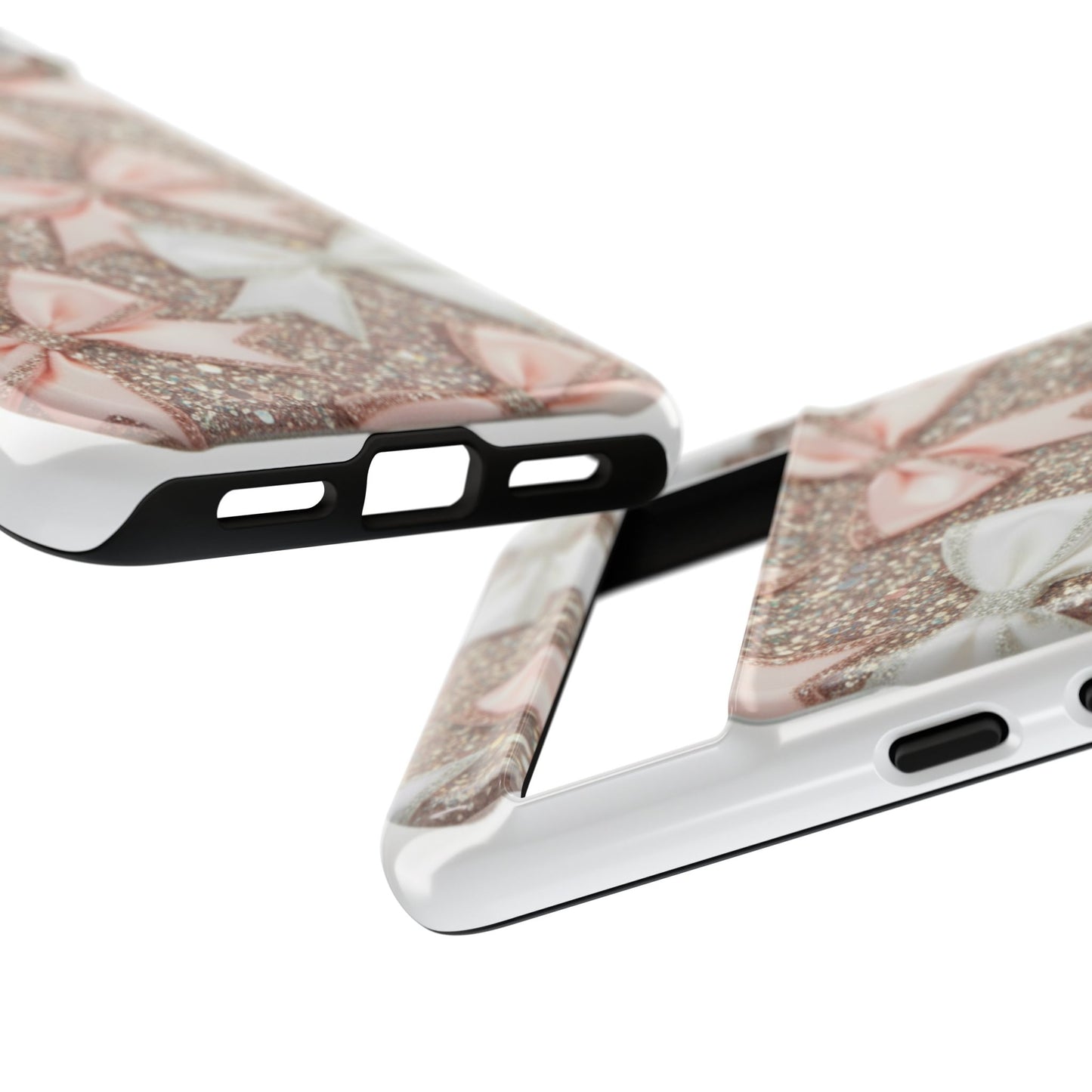 Glitter Bow Tough Phone Case — Pink & White Ribbon Protective Cover