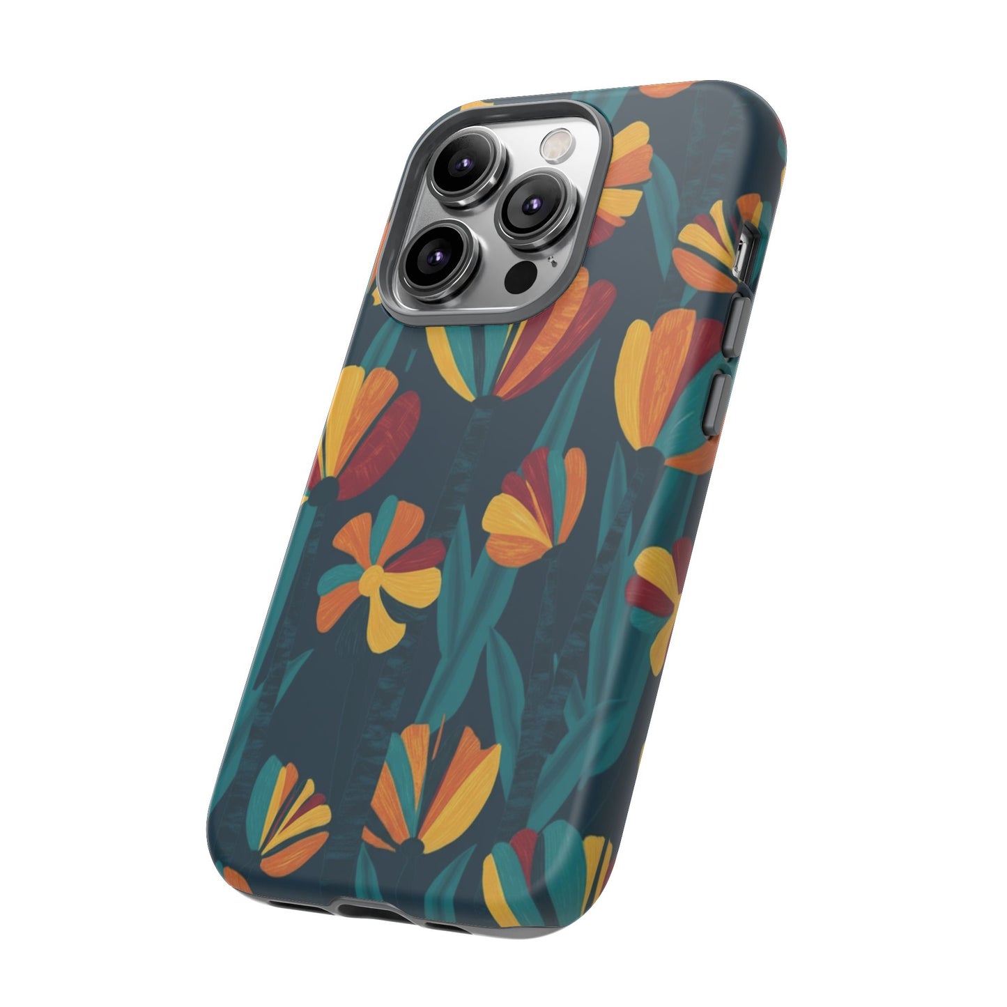 Floral Retro Teal Tough Phone Case — Vibrant Orange & Mustard Blooms