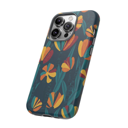 Floral Retro Teal Tough Phone Case — Vibrant Orange & Mustard Blooms