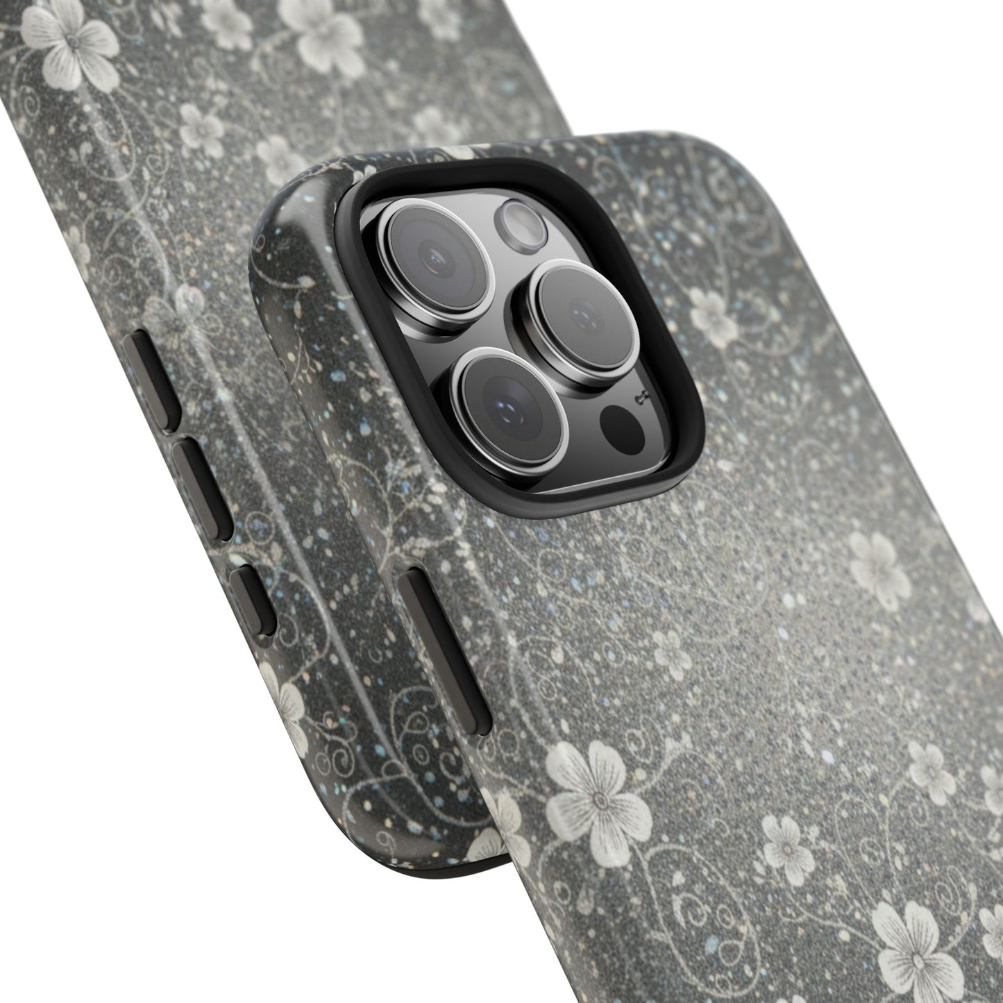 Floral Sparkle Tough Phone Case — Black & Silver Vintage Blossom