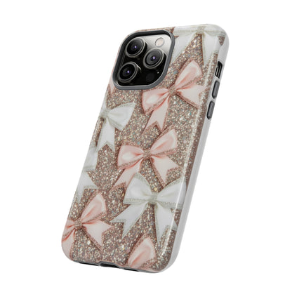 Glitter Bow Tough Phone Case — Pink & White Ribbon Protective Cover