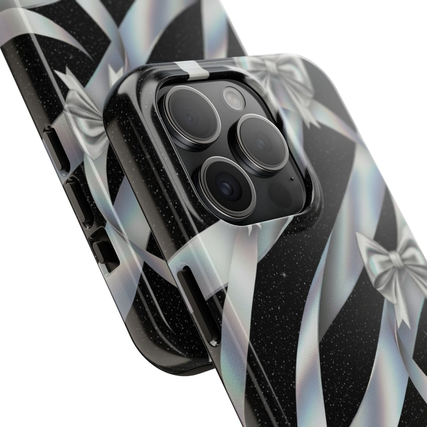 Silver Ribbon Bow Tough Phone Case — Glitter Black Protective Phone Case