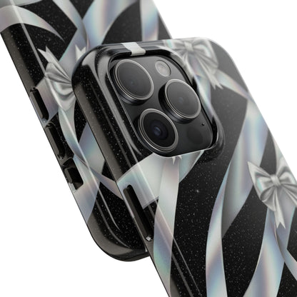 Silver Ribbon Bow Tough Phone Case — Glitter Black Protective Phone Case
