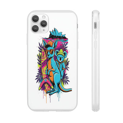 Kangaroo & Koala Surf Phone Case — Neon Aussie Beach Vibes Flexible Case