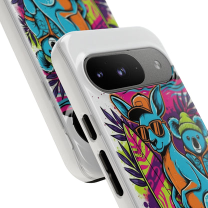 Kangaroo & Koala Surf Phone Case — Retro Neon Beach Art Tough Case