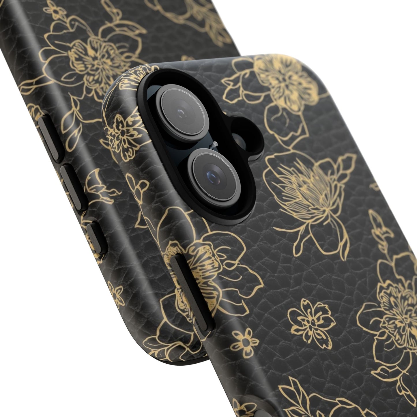 Floral Leather Phone Case — Gold Outline Flowers on Black Tough Case