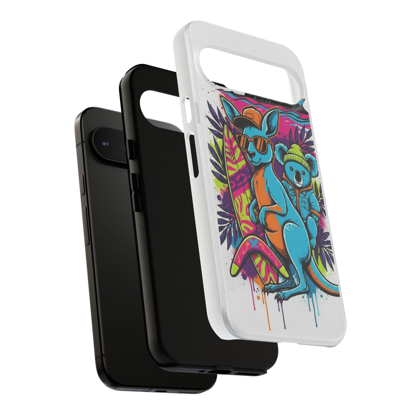 Kangaroo & Koala Surf Phone Case — Retro Neon Beach Art Tough Case