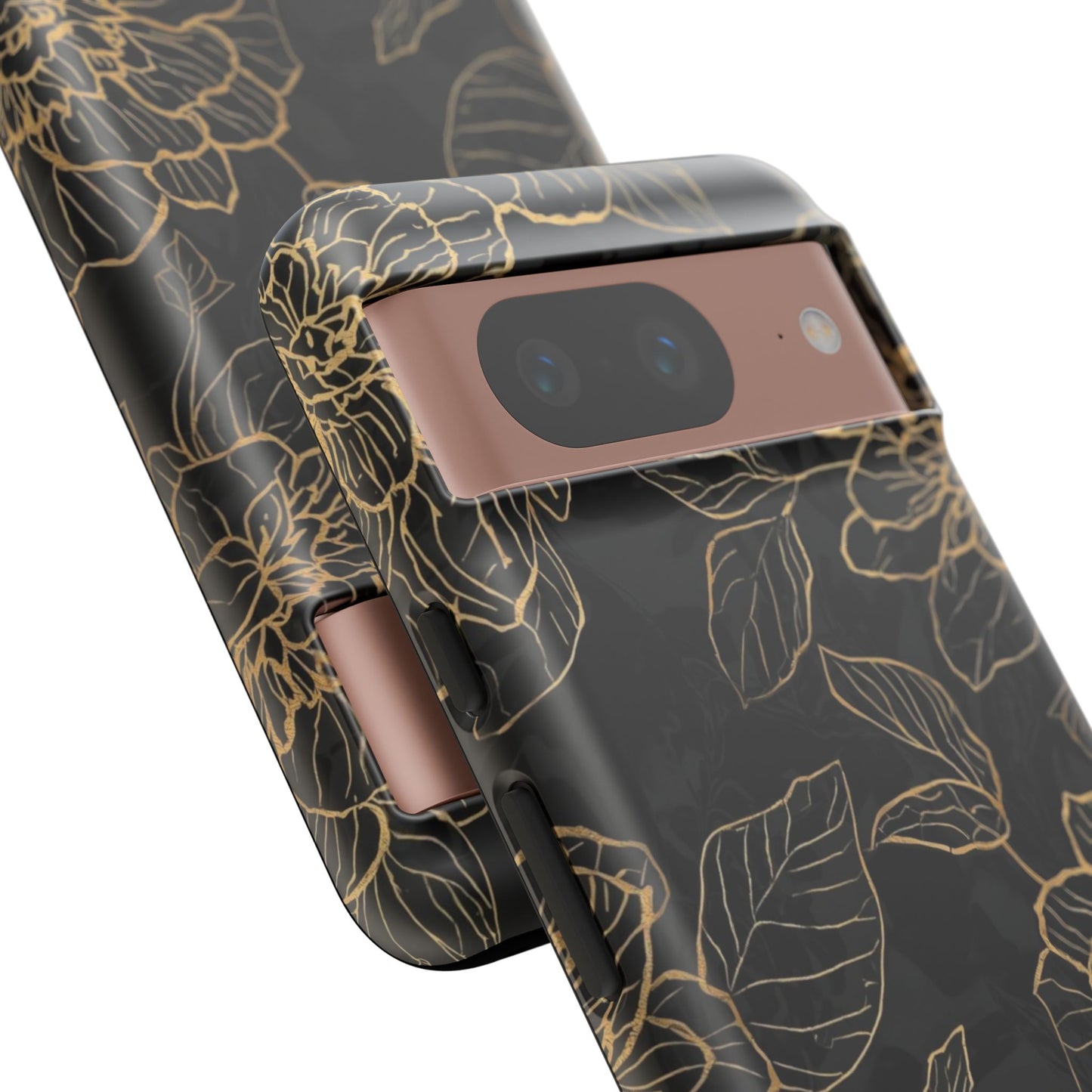 Floral Gold Outline Tough Phone Case – Black Botanical Protective Cover