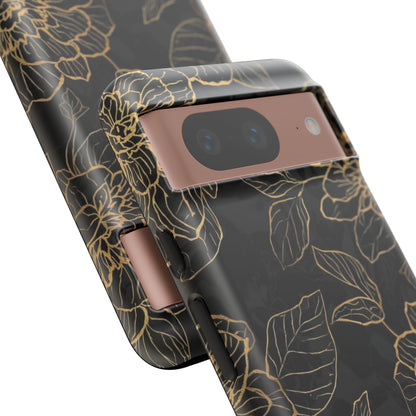 Floral Gold Outline Tough Phone Case – Black Botanical Protective Cover