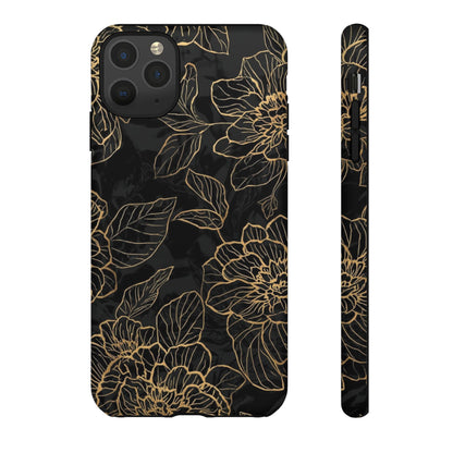 Floral Gold Outline Tough Phone Case – Black Botanical Protective Cover