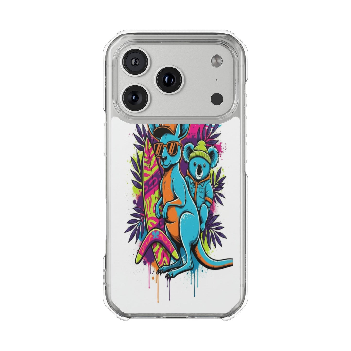 Clear Magnetic Phone Case — Colorful Surfing Kangaroo & Koala Art