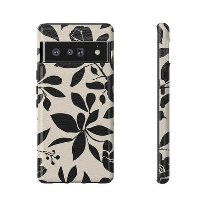 Black Floral Pattern Phone Case — Monochrome Botanical Tough Case