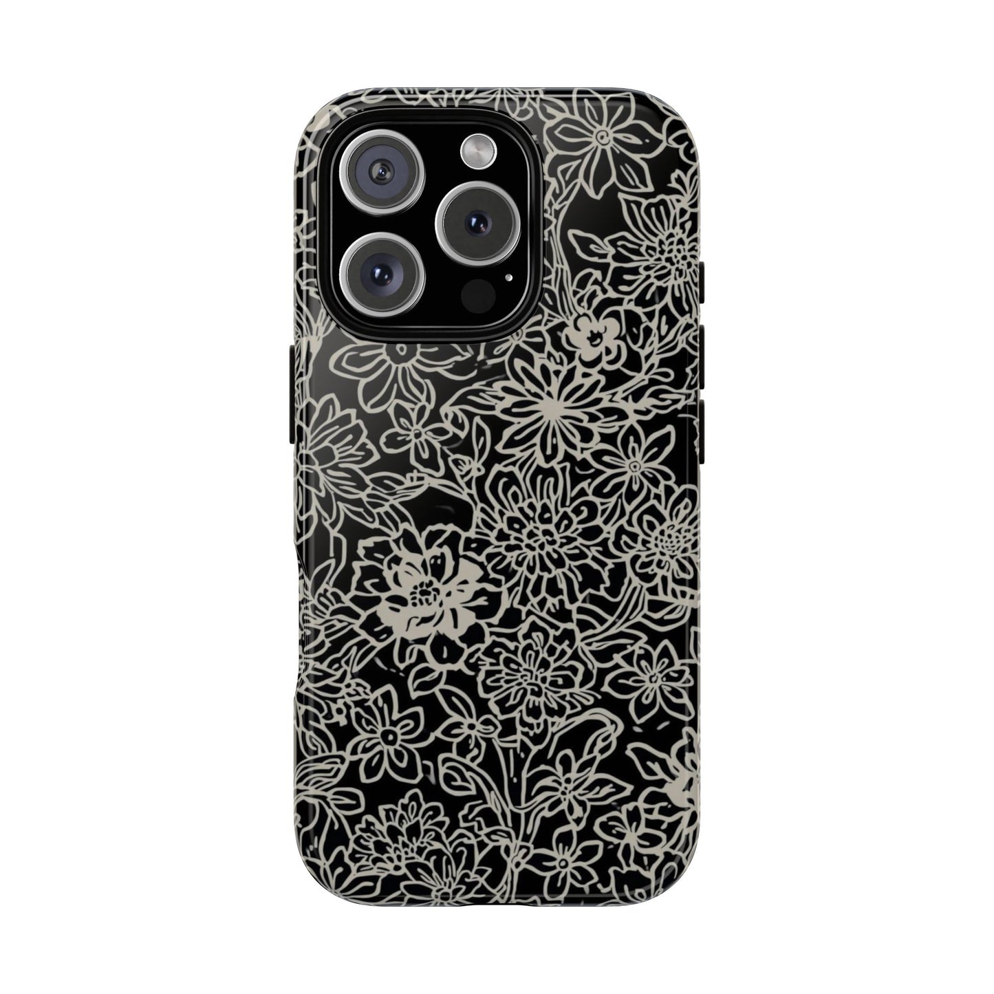 Floral Doodle Tough Phone Case — Black & White Sketch Flower Protective Cover