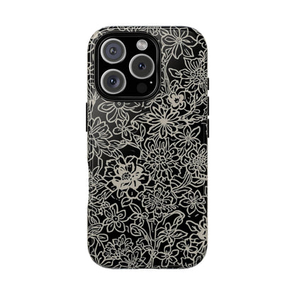 Floral Doodle Tough Phone Case — Black & White Sketch Flower Protective Cover