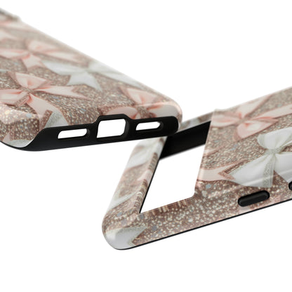 Glitter Bow Tough Phone Case — Pink & White Ribbon Protective Cover