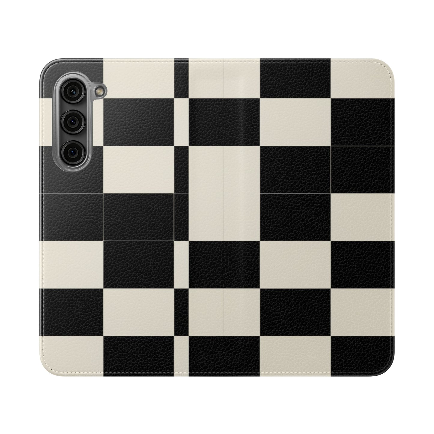 Checkered Flip Phone Case – Black & Cream Retro Grid Wallet Case
