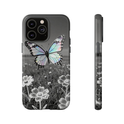 Butterfly Field Tough Phone Case — Pastel Holographic Butterfly on Black & White Floral Background