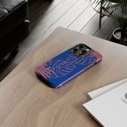 Tropical Monstera Phone Case — Blue & Coral Leaf Protective Cover