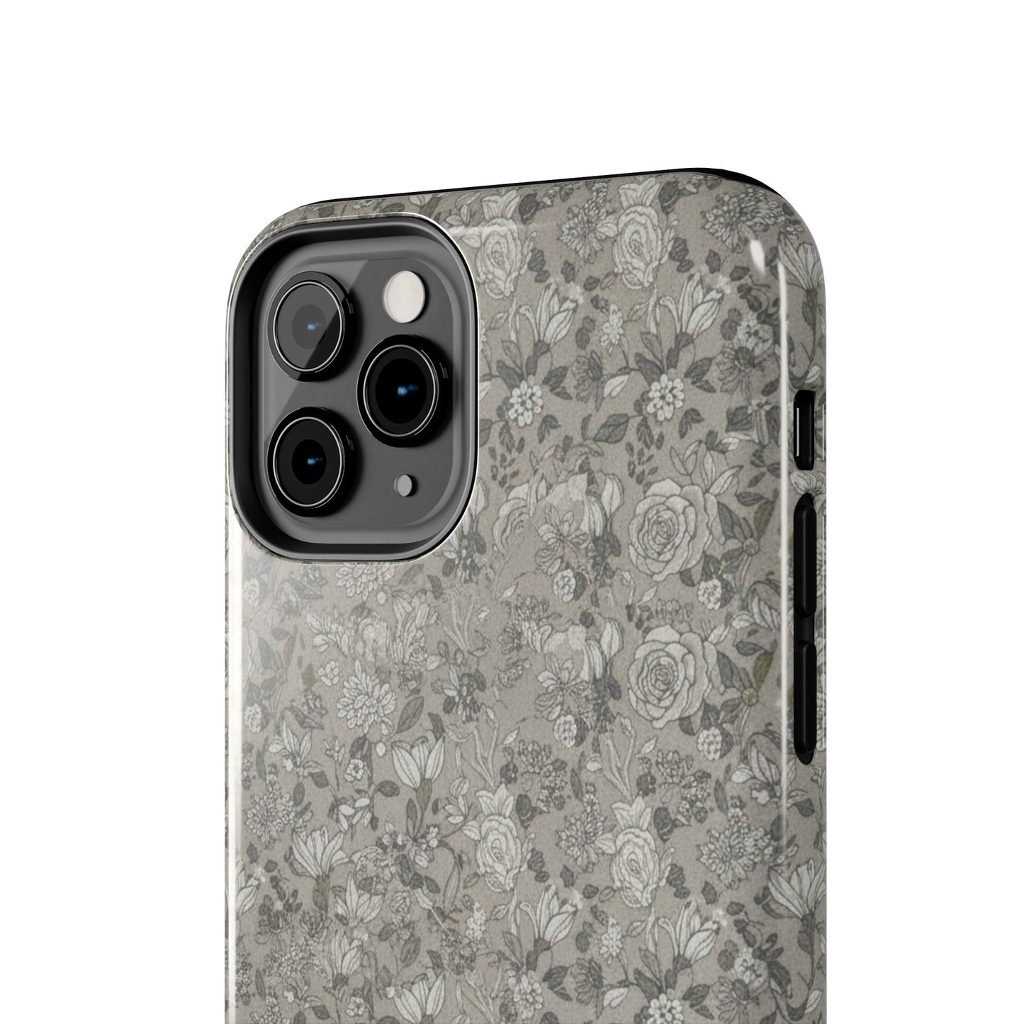 Gray Floral Tough Phone Case — Durable Protective Phone Cover with Vintage Botanical Pattern