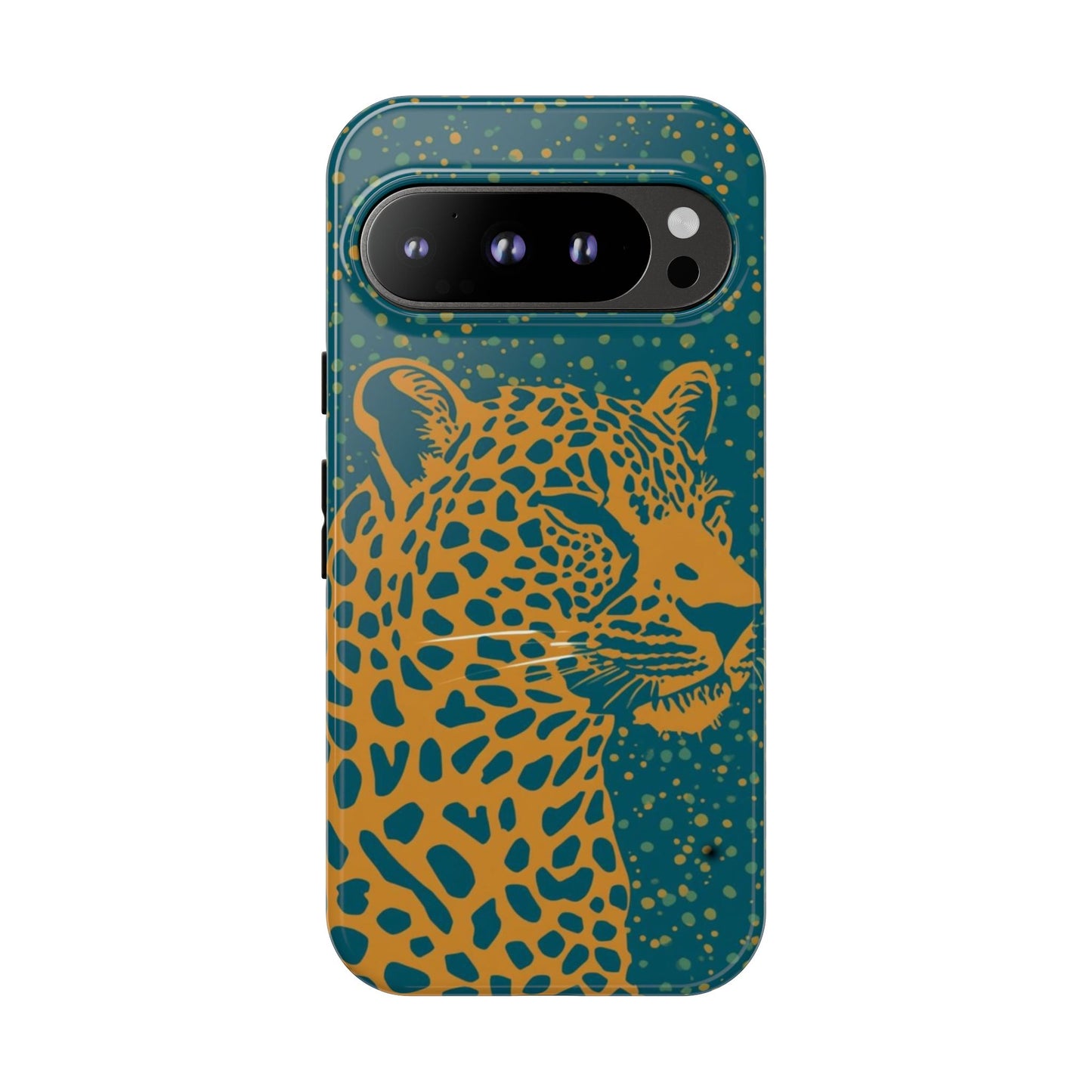 Leopard Print Tough Phone Case — Gold Panther on Teal, Protective iPhone Cover