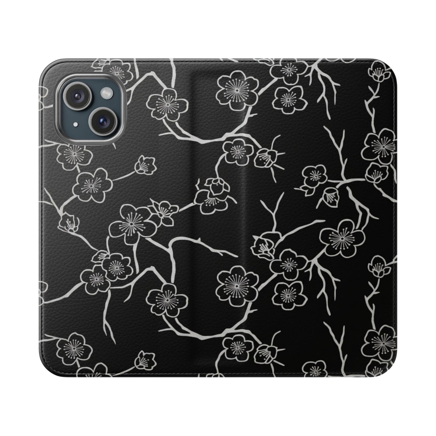 Black Cherry Blossom Flip Phone Case – Floral Wallet Flip Case with Card Slots