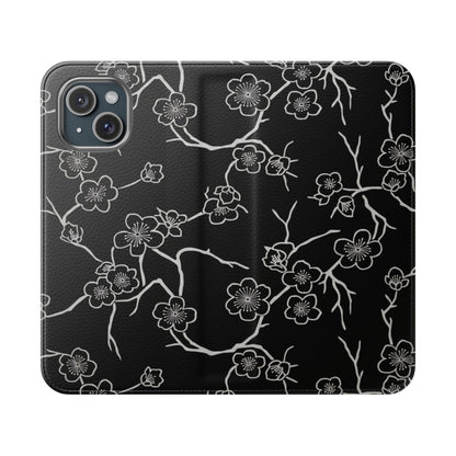 Black Cherry Blossom Flip Phone Case – Floral Wallet Flip Case with Card Slots