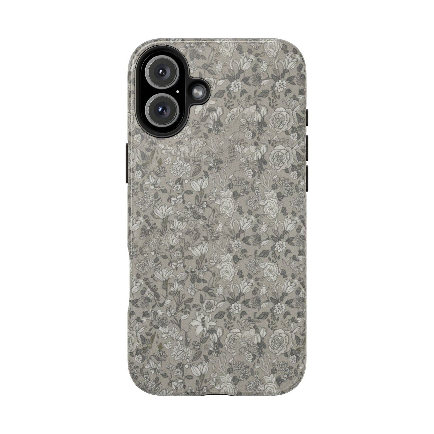 Gray Floral Tough Phone Case — Durable Protective Phone Cover with Vintage Botanical Pattern