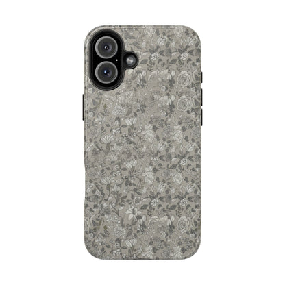 Gray Floral Tough Phone Case — Durable Protective Phone Cover with Vintage Botanical Pattern