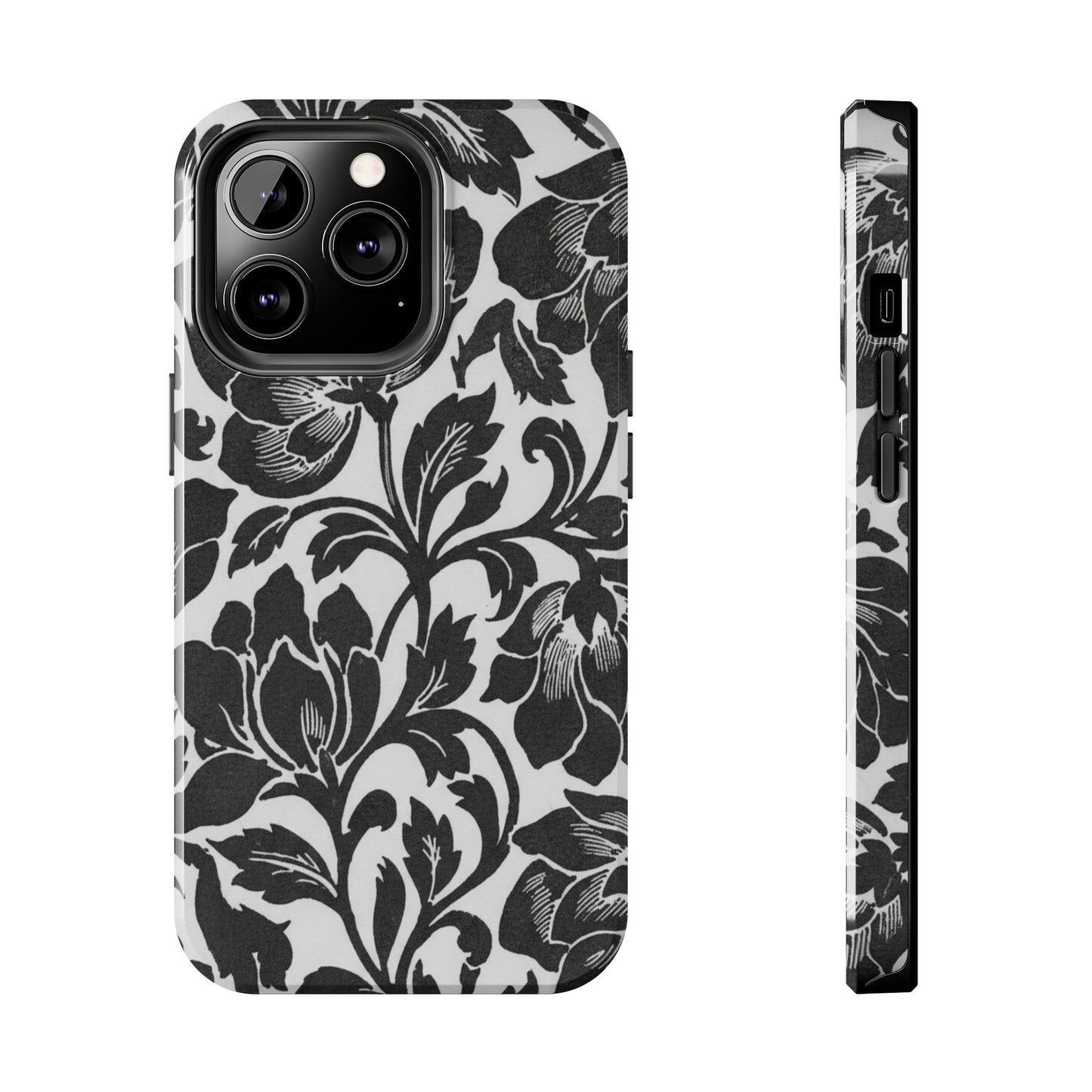 Tough Phone Case — Black & White Vintage Floral Protective Cover