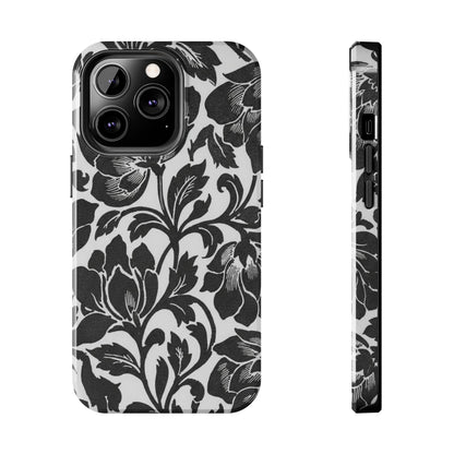 Tough Phone Case — Black & White Vintage Floral Protective Cover