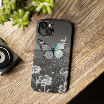 Butterfly Field Tough Phone Case — Pastel Holographic Butterfly on Black & White Floral Background