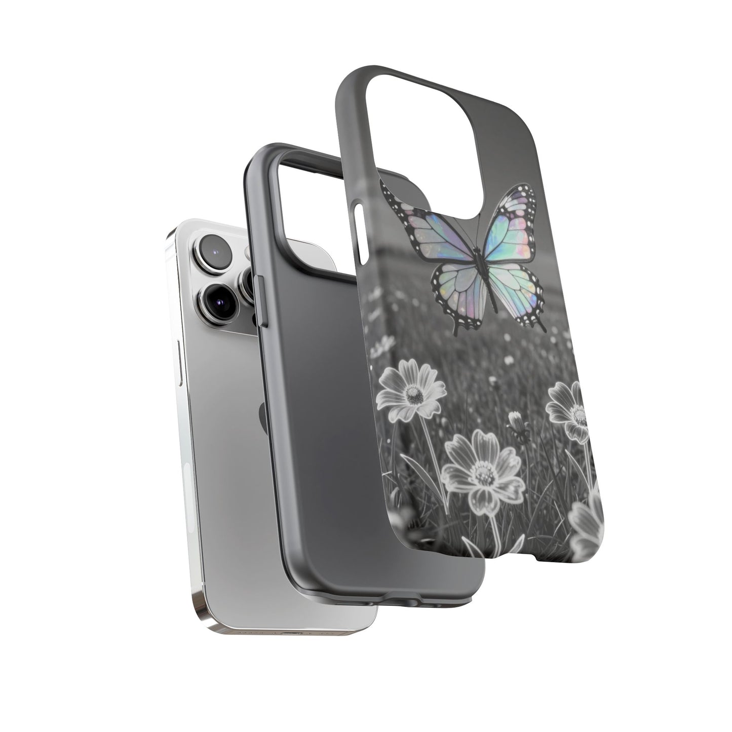Butterfly Field Tough Phone Case — Pastel Holographic Butterfly on Black & White Floral Background
