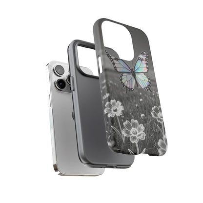 Butterfly Field Tough Phone Case — Pastel Holographic Butterfly on Black & White Floral Background