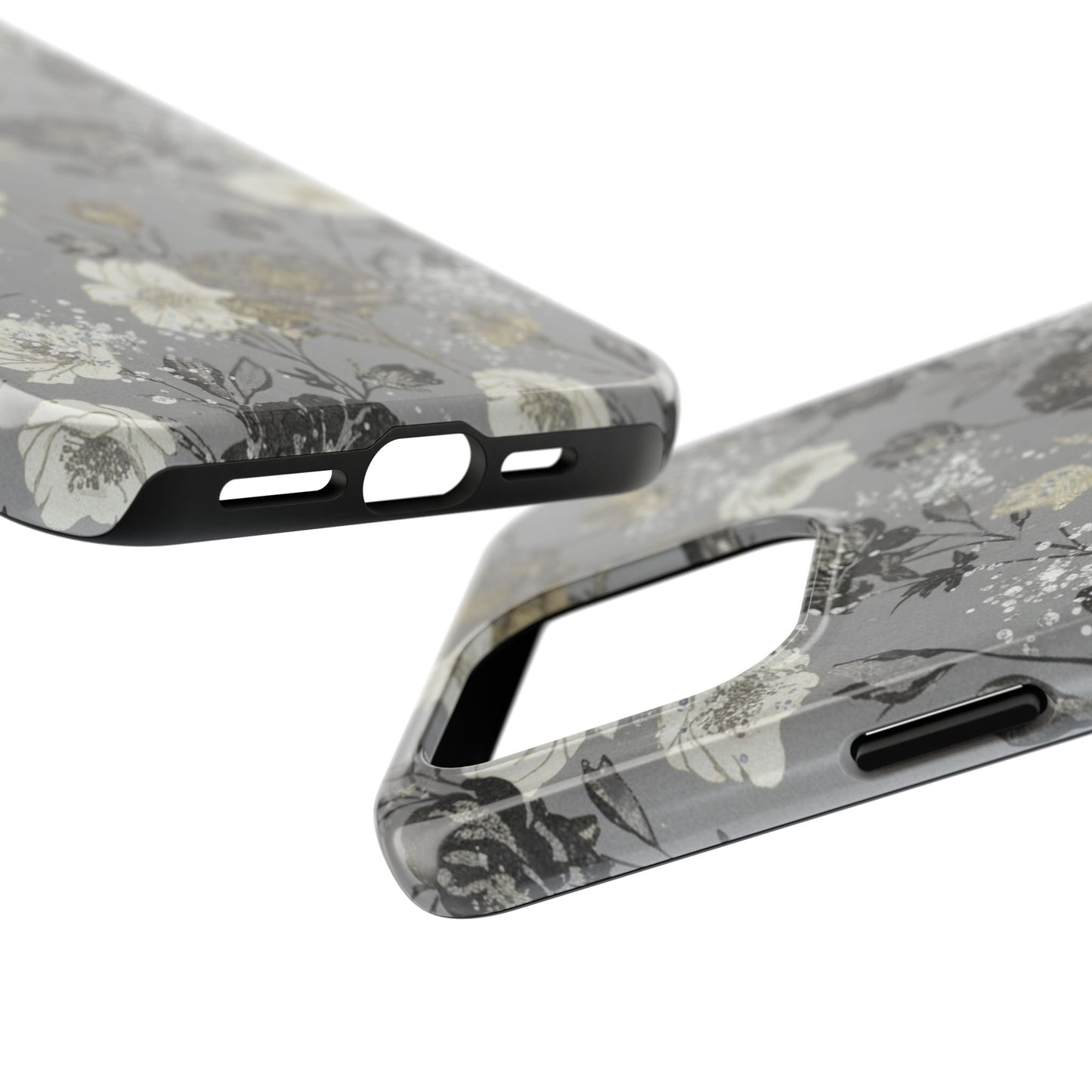 Floral Gray Tough Phone Case — Elegant Protective Phone Cover with Gold Accent
