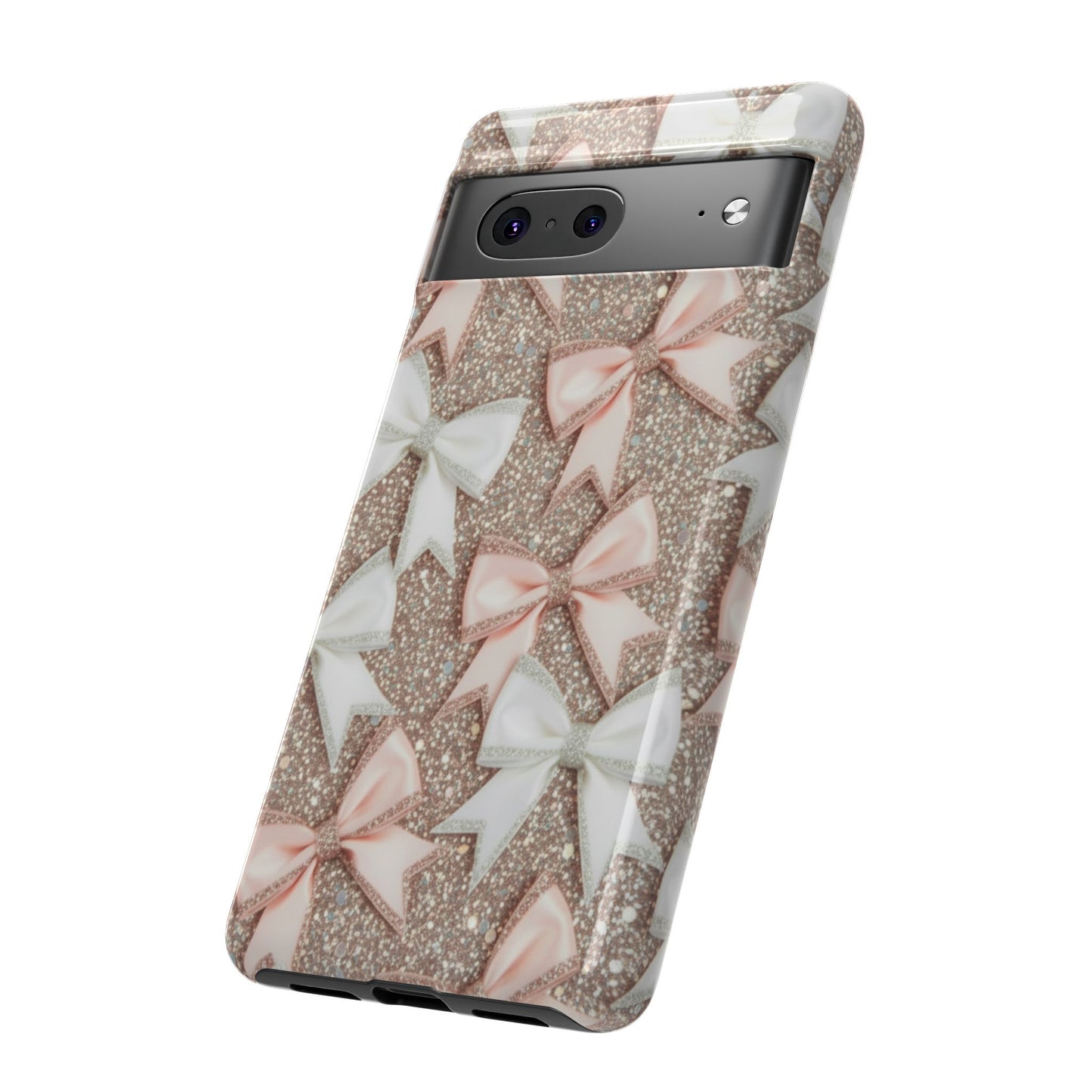 Glitter Bow Tough Phone Case — Pink & White Ribbon Protective Cover