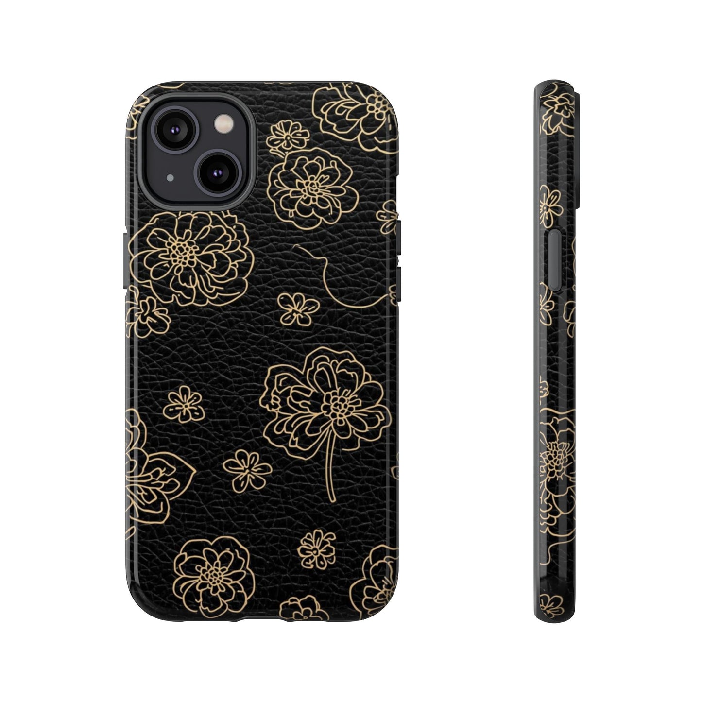 Floral Leather-Texture Tough Case – Black Gold Outline Phone Cover