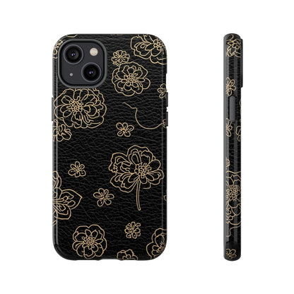 Floral Leather-Texture Tough Case – Black Gold Outline Phone Cover