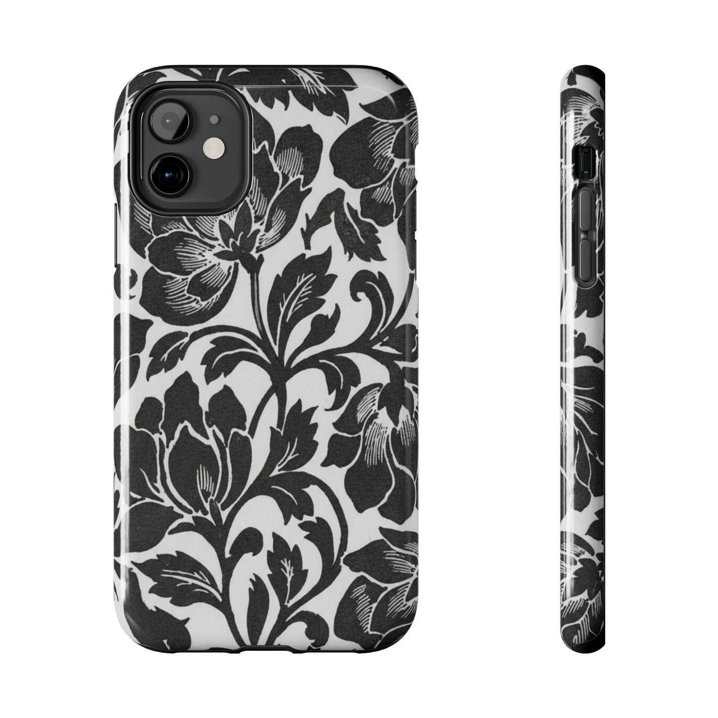 Tough Phone Case — Black & White Vintage Floral Protective Cover
