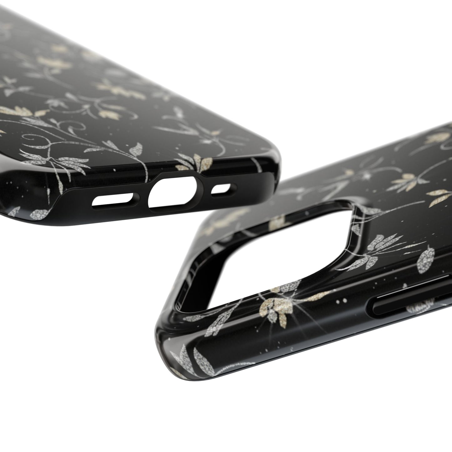 Floral Noir Tough Phone Case — Vintage Black Botanical Protective Cover