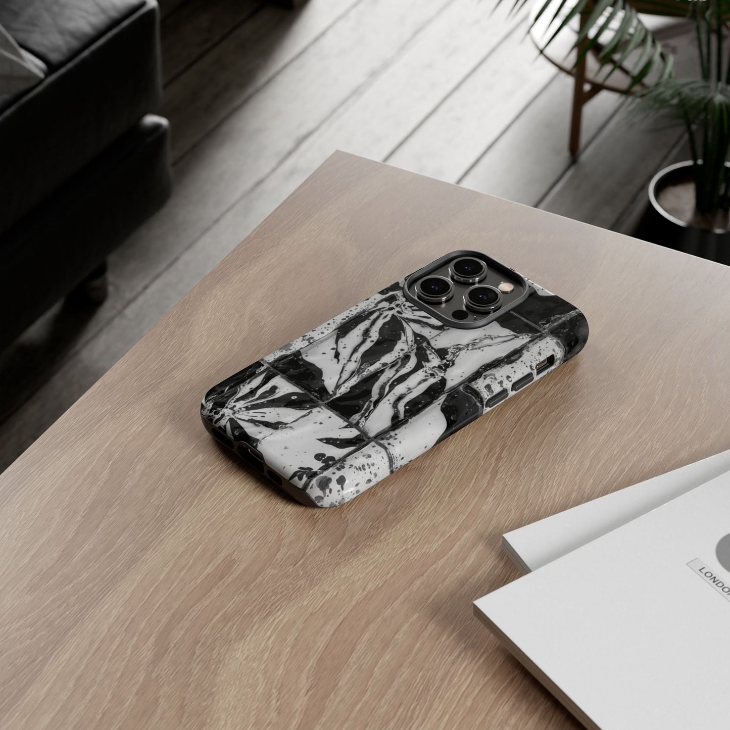 Monochrome Tile Floral Tough Phone Case