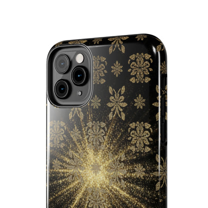 Glitter Burst Tough Phone Case — Black & Gold Floral Protective Cover