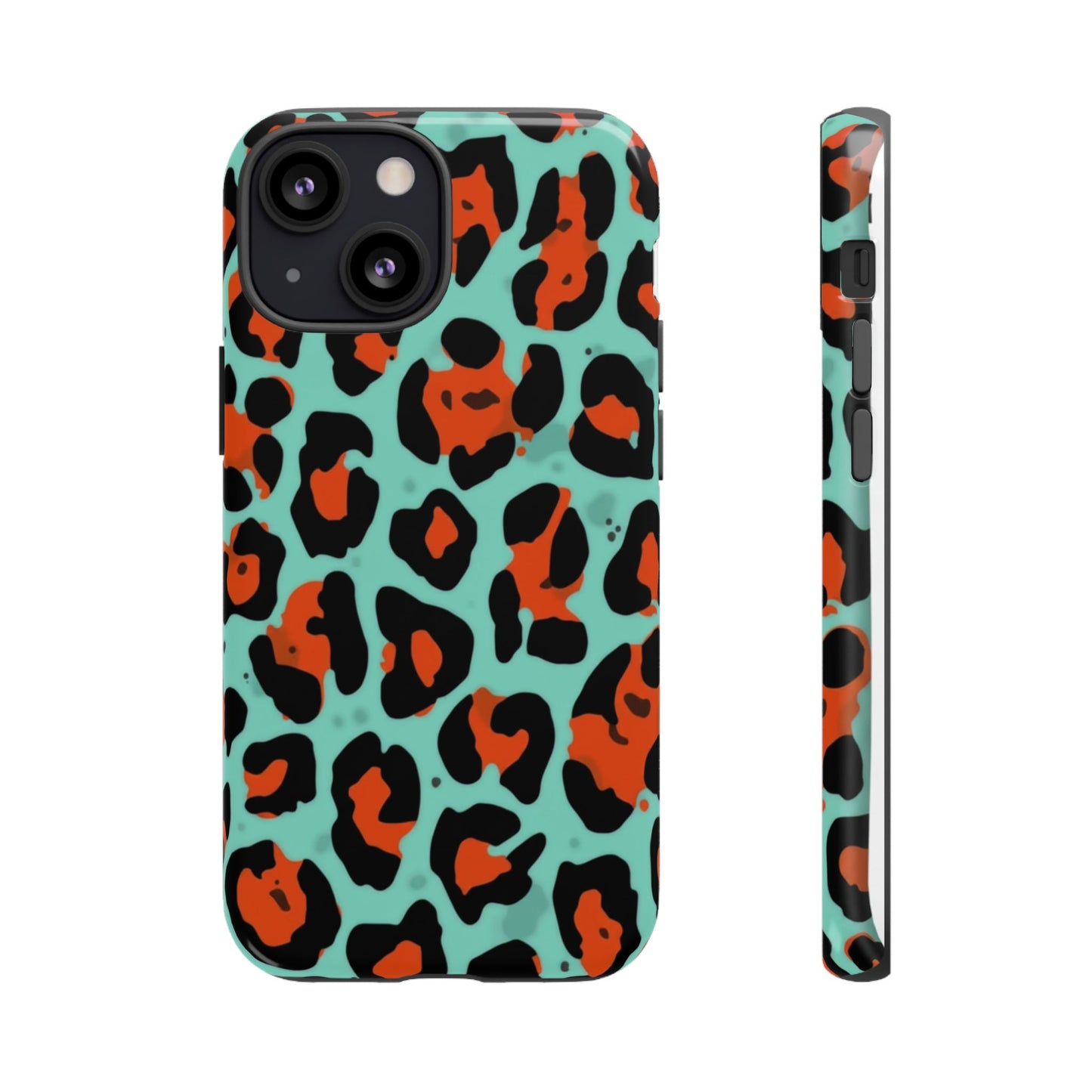 Leopard Print Tough Phone Case — Teal & Rust Protective iPhone Cover