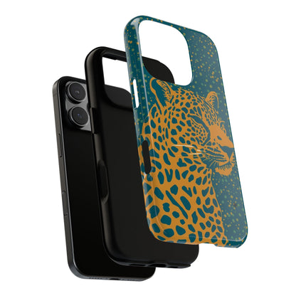 Leopard Print Tough Phone Case — Gold Panther on Teal, Protective iPhone Cover