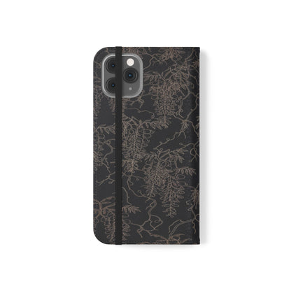 Botanical Noir Flip Phone Case — Dark Floral Wallet Cover with Card Slots