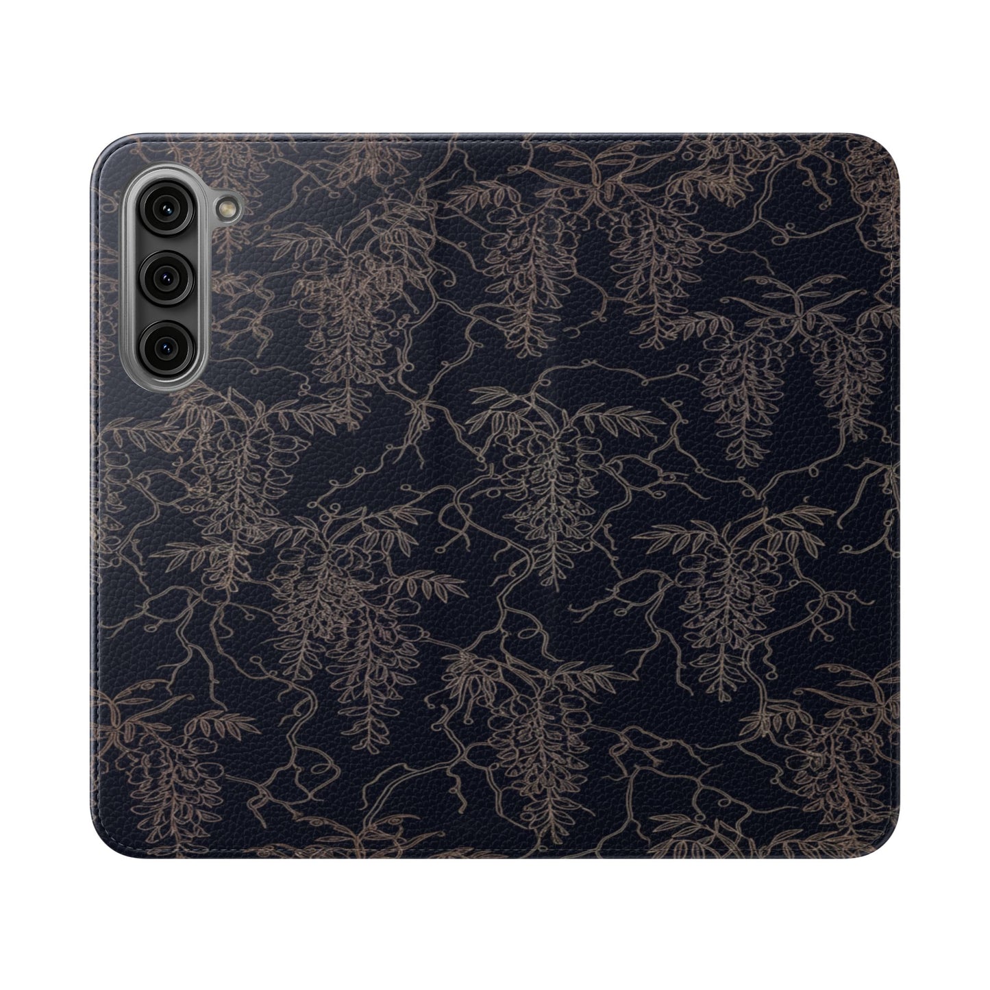 Botanical Noir Flip Phone Case — Dark Floral Wallet Cover with Card Slots