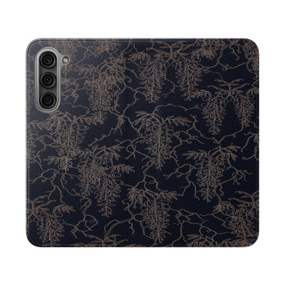 Botanical Noir Flip Phone Case — Dark Floral Wallet Cover with Card Slots