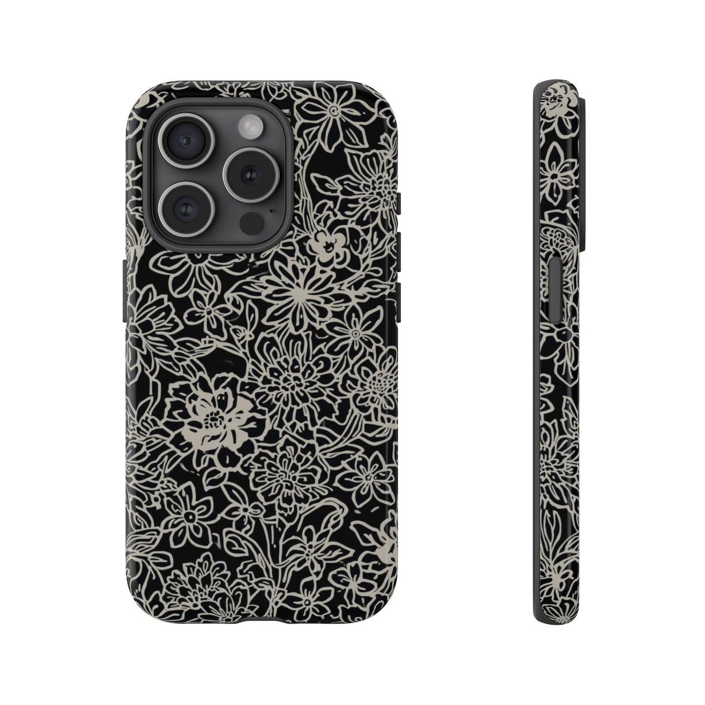 Floral Doodle Tough Phone Case — Black & White Sketch Flower Protective Cover