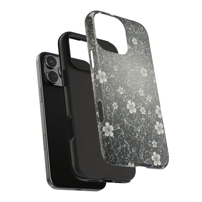 Floral Sparkle Tough Phone Case — Black & Silver Vintage Blossom